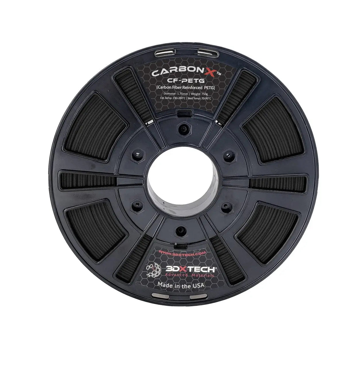Bobine noire de filament 3DXTech CarbonX CF-PETG vue de face, avec étiquette centrale
