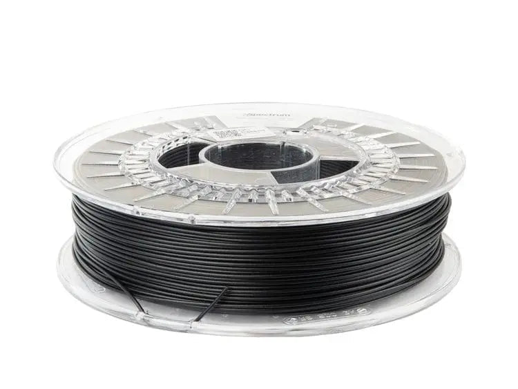 Bobine de filament noir transparente, vue de côté sur fond blanc