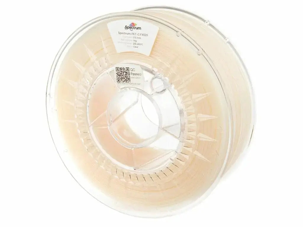 Bobine de filament transparent vue de face, avec étiquette Spectrum au centre