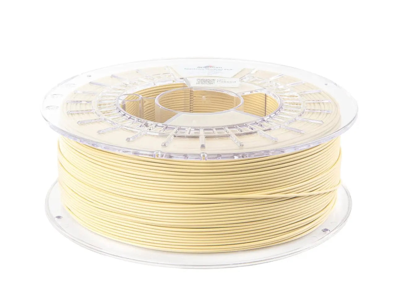 Bobine de filament beige crème enroulée sur un rouleau transparent, vue de trois quarts sur fond blanc