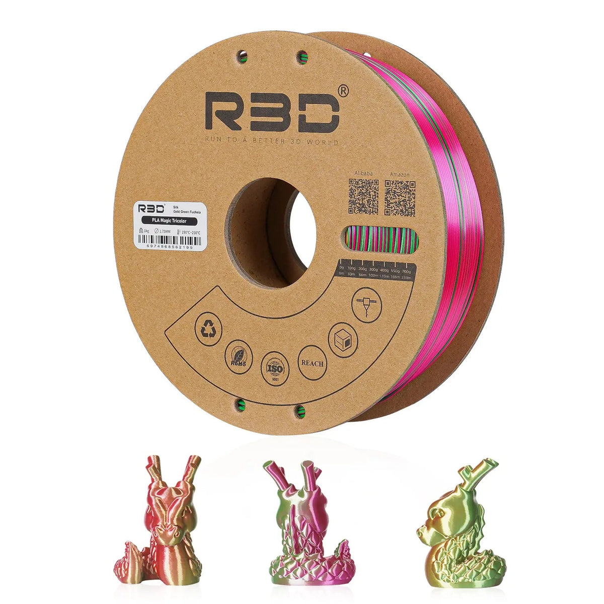 Gold/Green/Fuchsia - R3D Tri Colour Magic Silk PLA Filament - 1.75mm, 1kg R3D