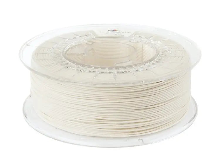 Bobine transparente de filament beige ivoire enroulée, vue de trois quarts sur fond blanc