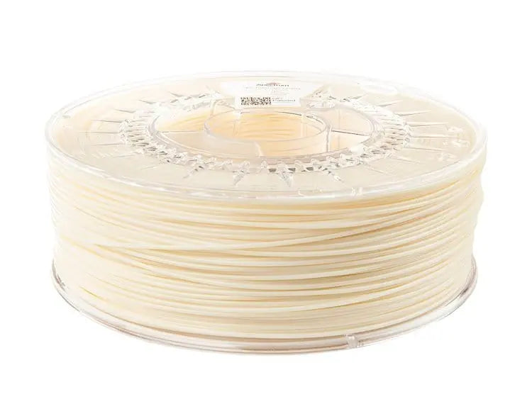 Bobine transparente de filament beige clair vue de trois quarts sur fond blanc