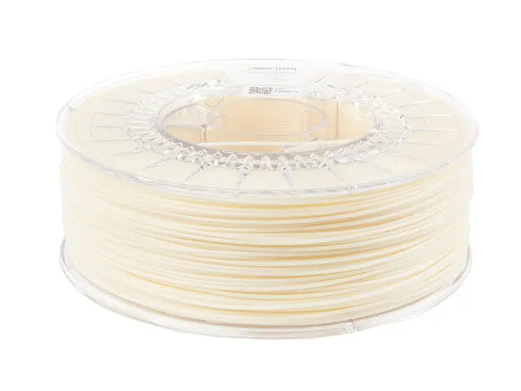 Bobine transparente de filament beige clair vue de trois quarts sur fond blanc