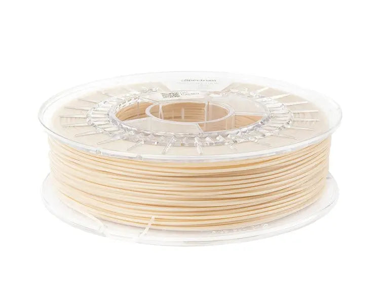 Bobine de filament translucide beige clair vue de côté sur fond blanc