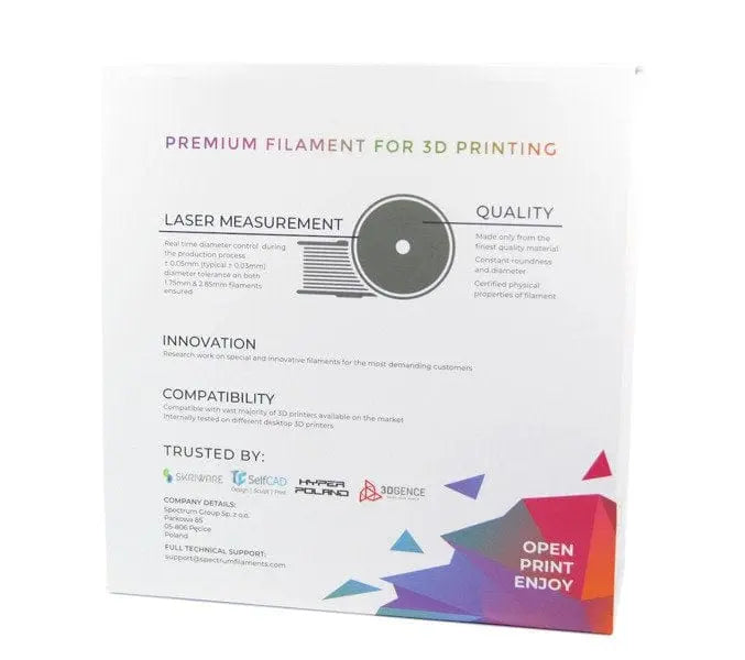 Boîte blanche de filament 3D vue de face, avec texte « PREMIUM FILAMENT FOR 3D PRINTING » et motif géométrique coloré en bas à droite