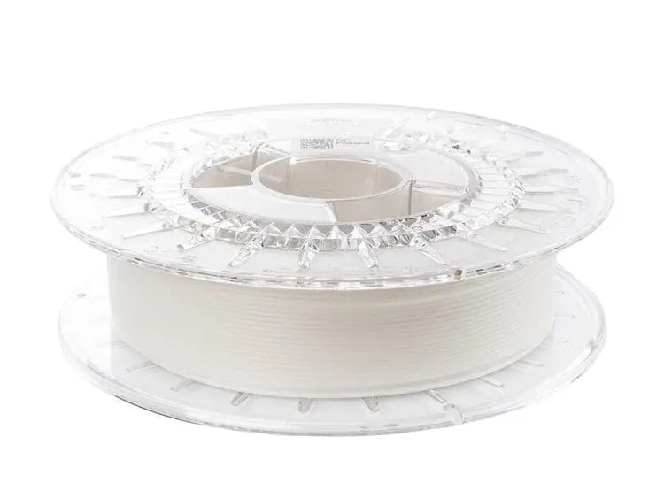 Bobine transparente de filament blanc vue en biais sur fond blanc