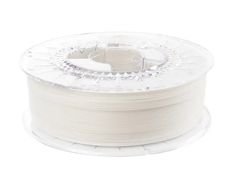 Bobine transparente de filament blanc cassé vue de côté sur fond blanc