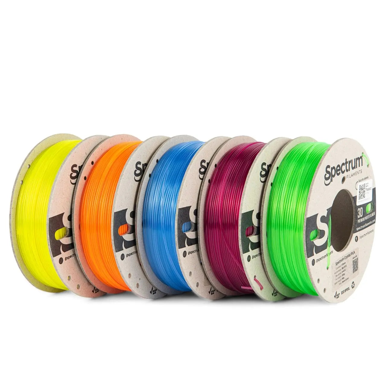 Cinq bobines de filament Spectrum alignées, jaune, orange, bleu, magenta et vert