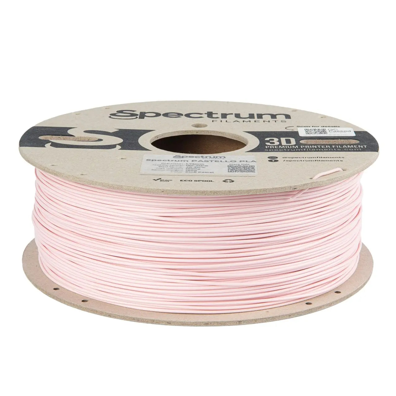 Bobine de filament PLA rose pastel Spectrum avec étiquette imprimée, vue de face