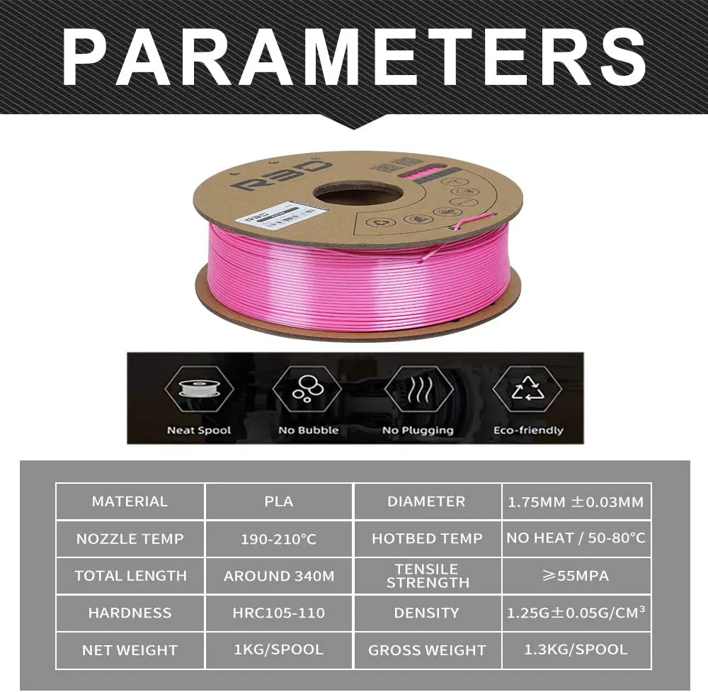 Pink - R3D Silk PLA Filament - 1.75mm, 1kg R3D