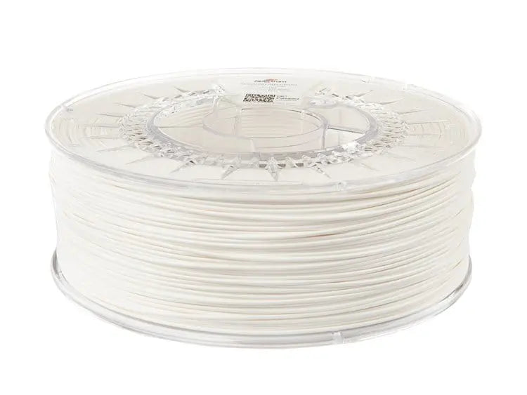 Bobine de filament blanc translucide en plastique, vue de trois quarts sur fond blanc