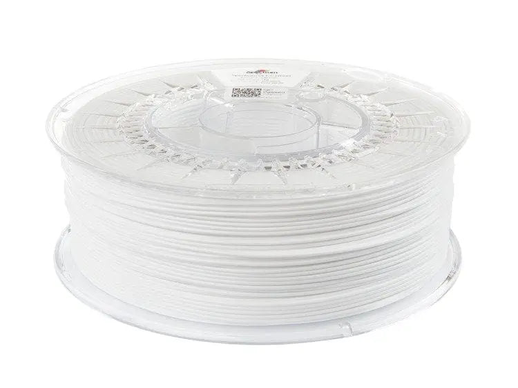 Bobine de filament blanc translucide en vue de dessus sur fond blanc