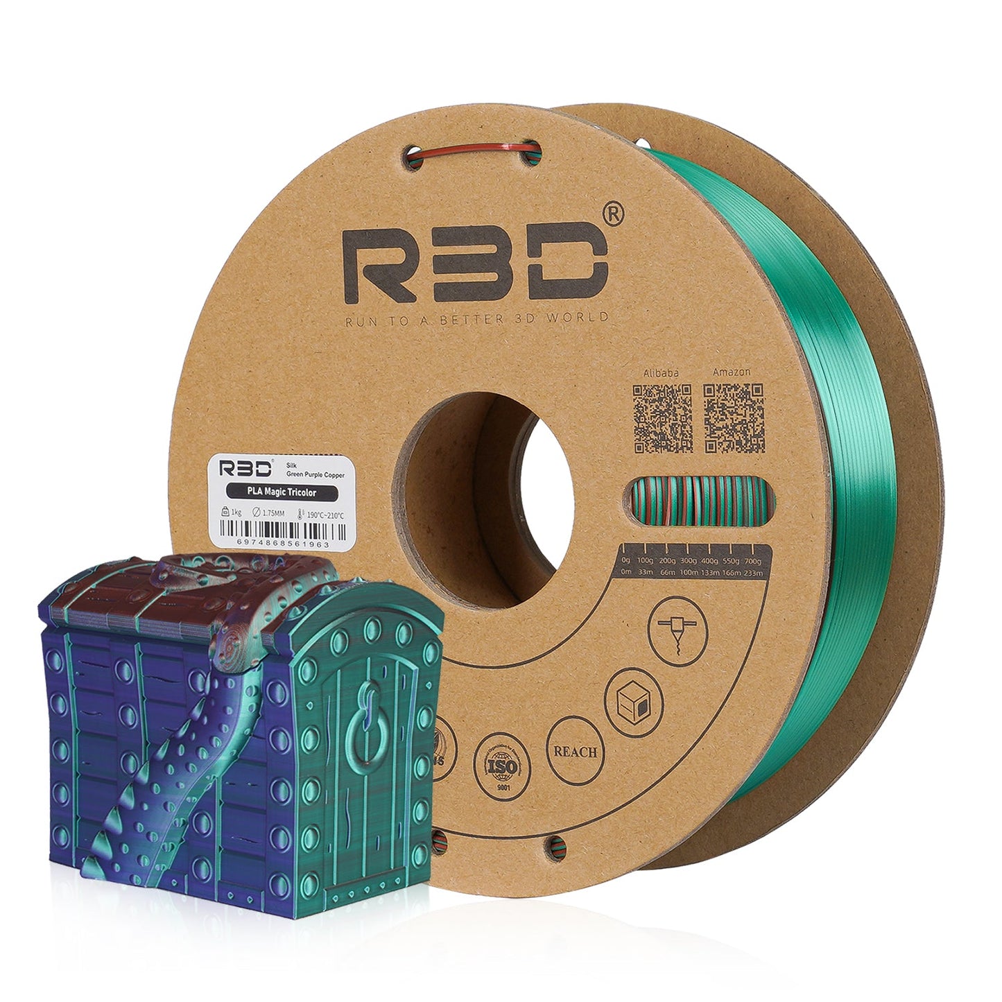 Filament PLA Silk Tri Couleurs R3D Vert Violet Cuivre 1,75 Mm 1 Kg Pour Impressions 3D Haute Brillance