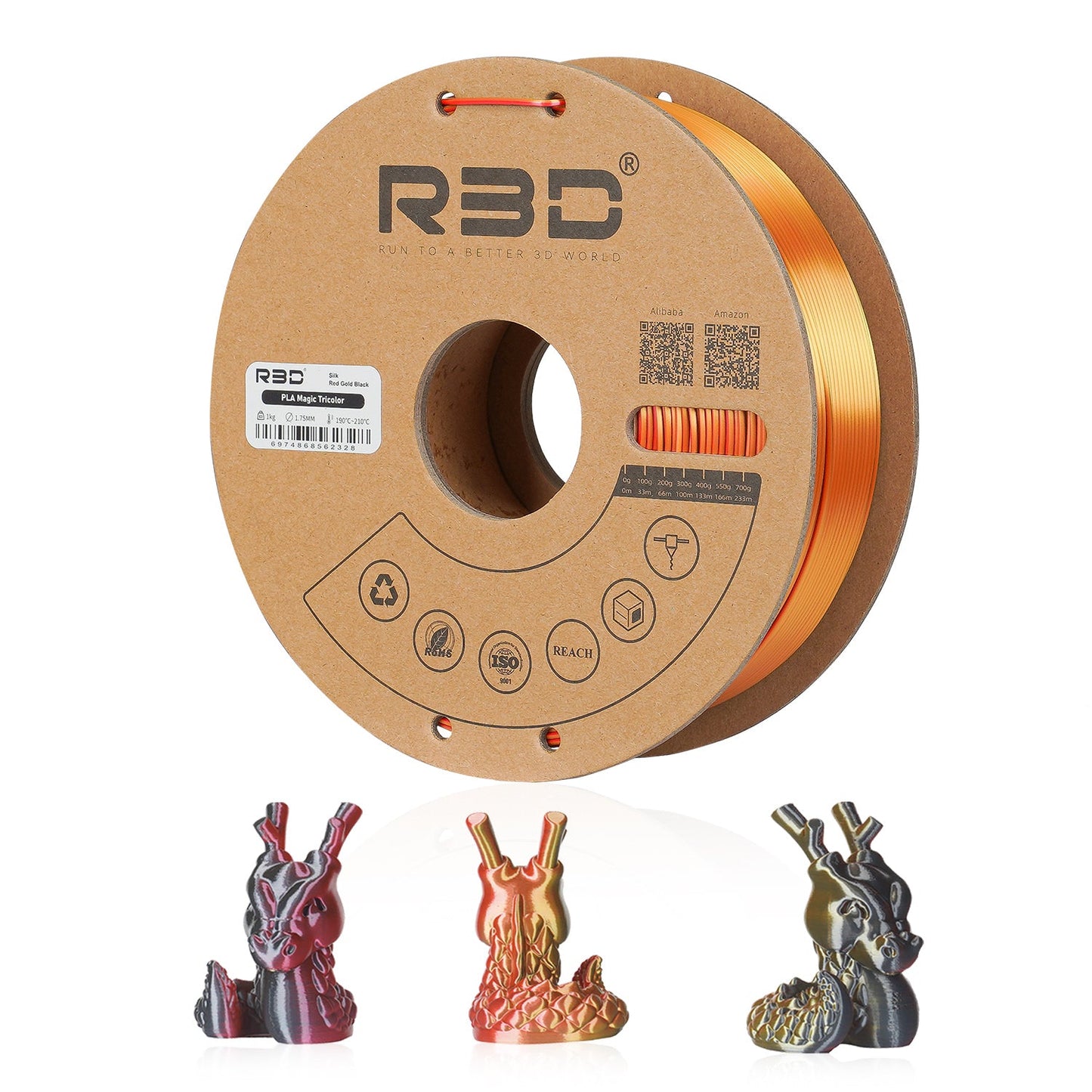 Filament PLA Silk Tri Couleur R3D Rouge Or Noir 1,75 Millimètres 1 Kg Pour Impression 3D Professionnelle