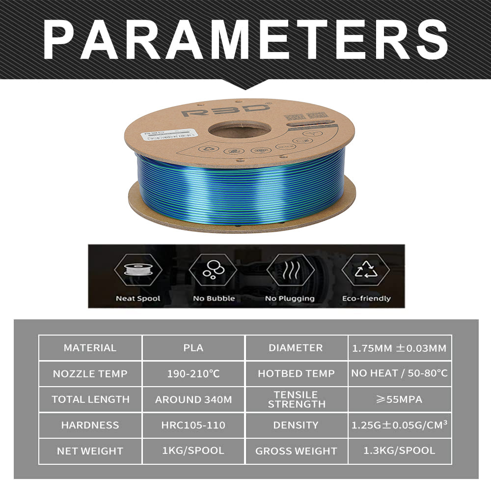 Filament PLA Silk Tricolore R3D Rouge Vert Bleu 1,75 Millimètres 1 Kilogramme Pour Imprimantes 3D Brillance Miroir