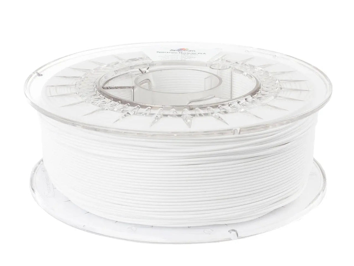 Bobine de filament PLA blanc transparent vue de trois quarts sur fond blanc