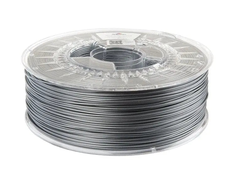 Bobine de filament gris argenté vue de face, avec emballage transparent et étiquette au centre