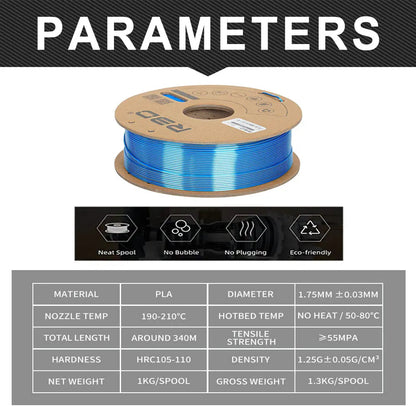 Black/Blue - R3D Dual Colour Silk PLA Magic Filament - 1.75mm, 1kg R3D