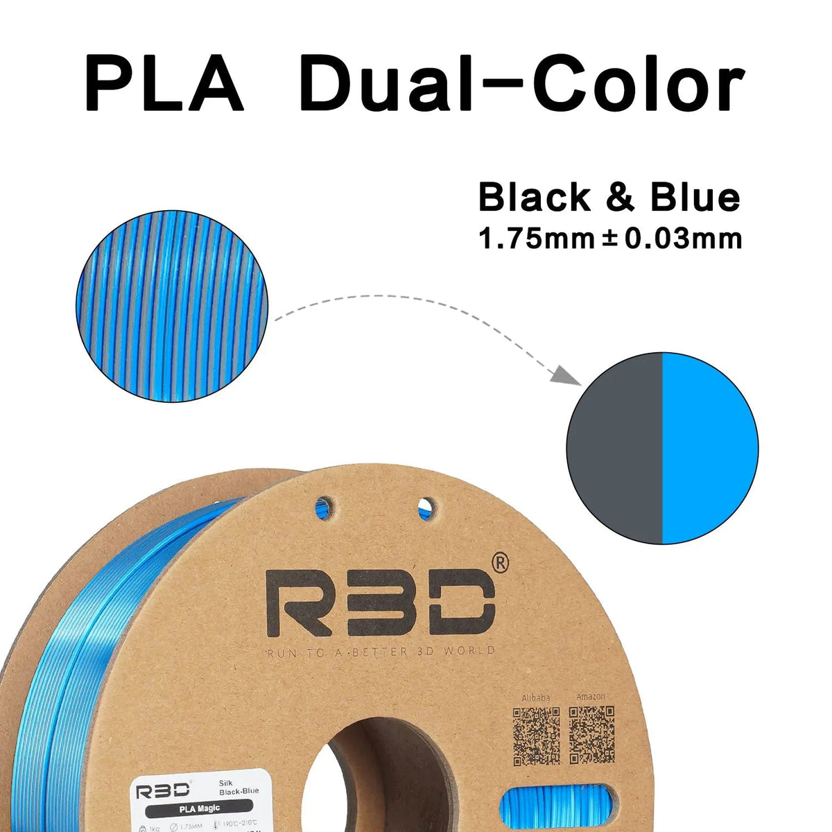 Black/Blue - R3D Dual Colour Silk PLA Magic Filament - 1.75mm, 1kg R3D