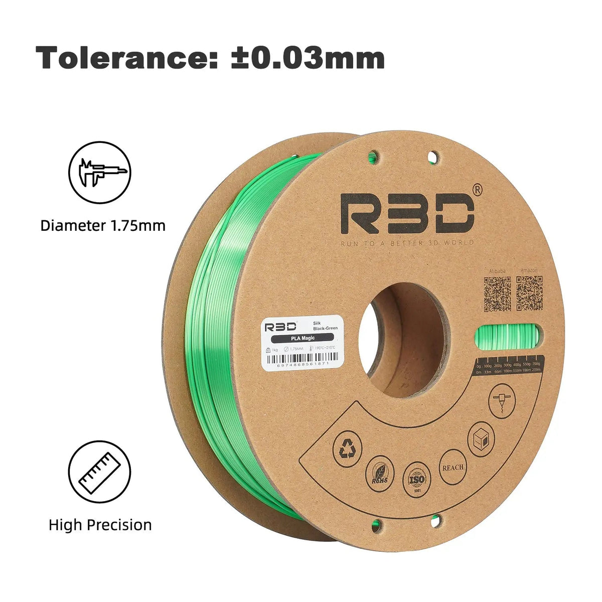 Black/Green- R3D Dual Colour Silk PLA Magic Filament - 1.75mm, 1kg R3D