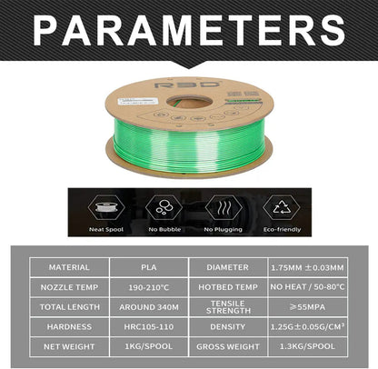 Black/Green- R3D Dual Colour Silk PLA Magic Filament - 1.75mm, 1kg R3D