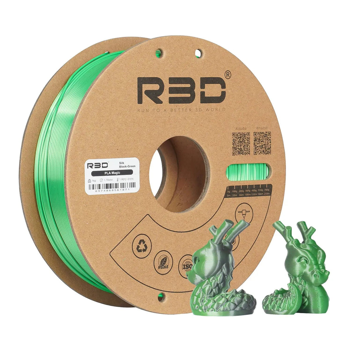Black/Green- R3D Dual Colour Silk PLA Magic Filament - 1.75mm, 1kg R3D