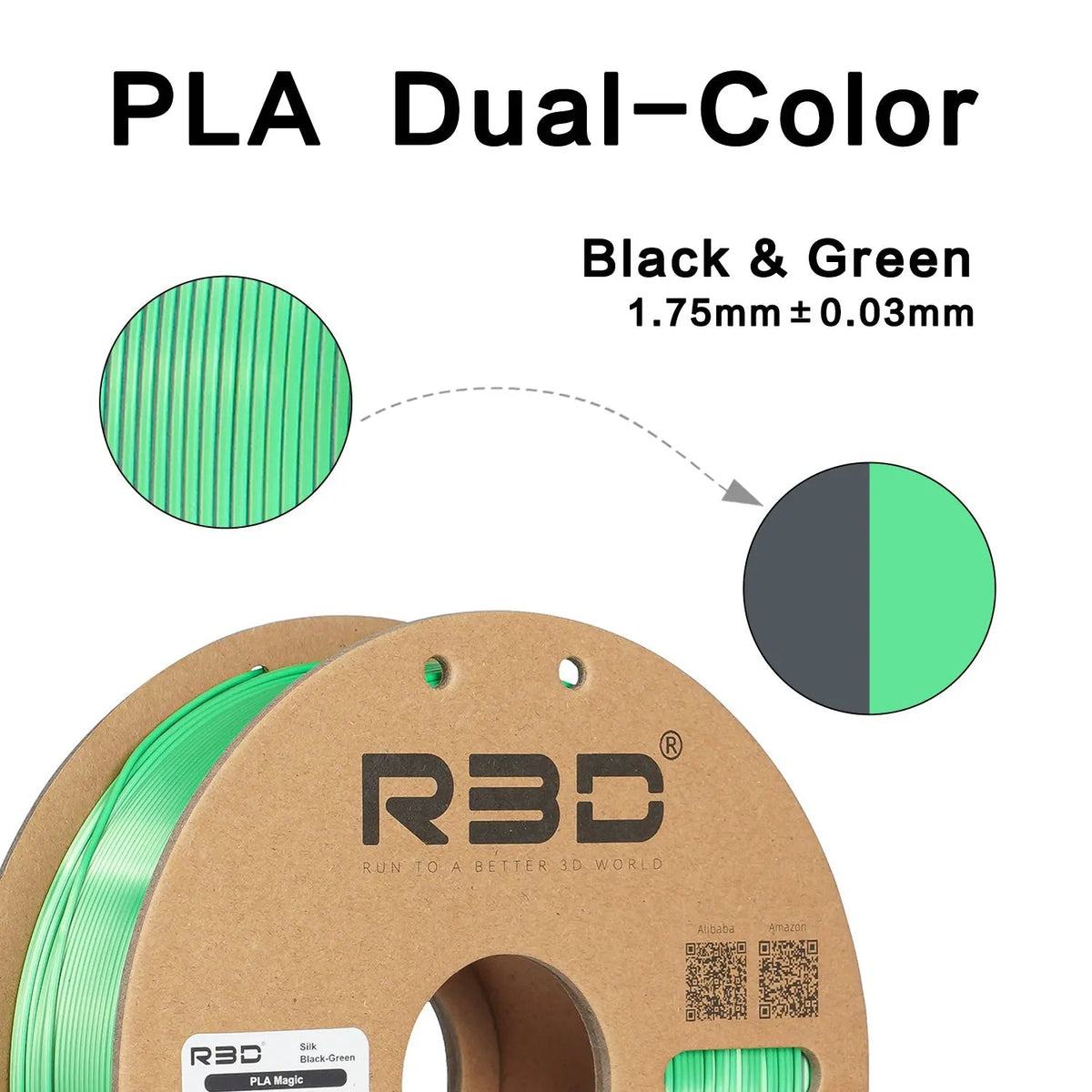 Black/Green- R3D Dual Colour Silk PLA Magic Filament - 1.75mm, 1kg R3D
