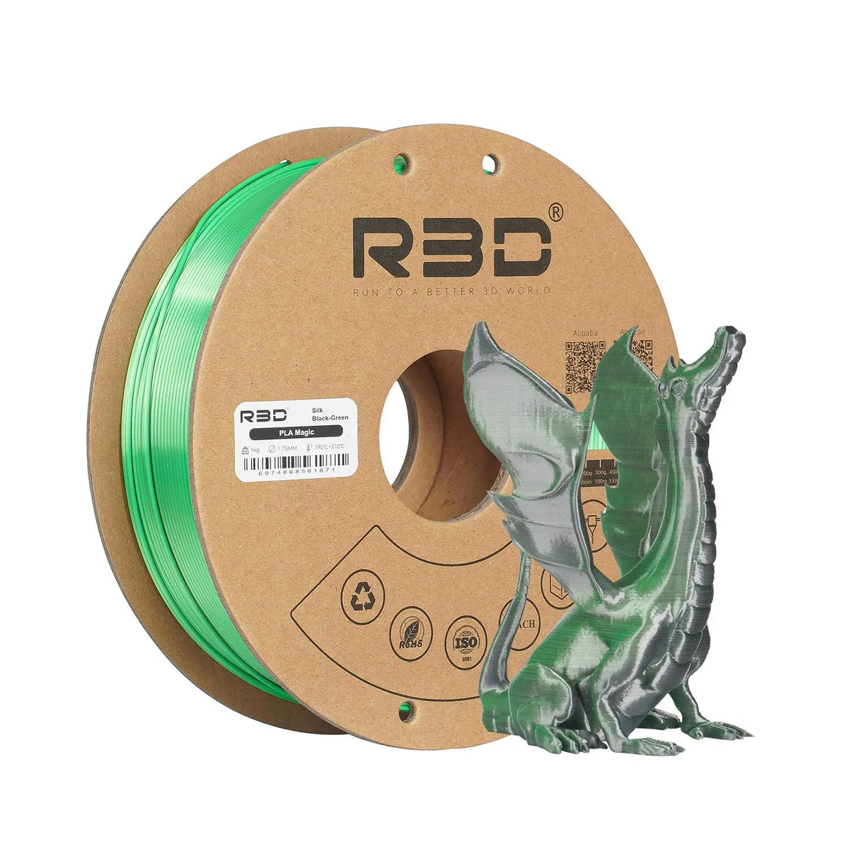 Black/Green- R3D Dual Colour Silk PLA Magic Filament - 1.75mm, 1kg R3D