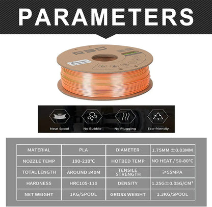 Blue/Green/Orange - R3D Tri Colour Silk Magic PLA Filament - 1.75mm, 1kg R3D