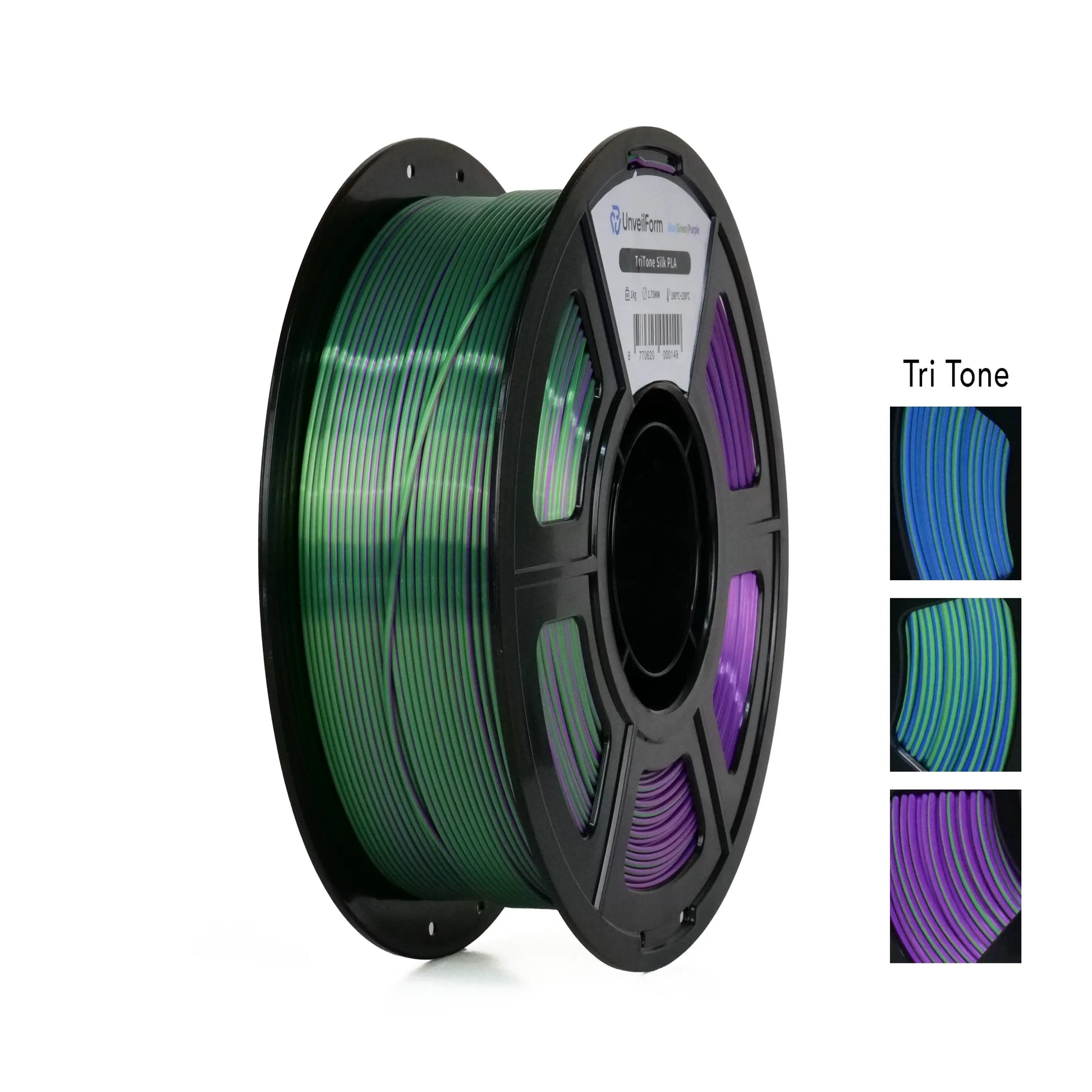 Blue/Green/Purple - Unveil Form TriTone Silk PLA - 1.75mm, 1kg Unveil Form