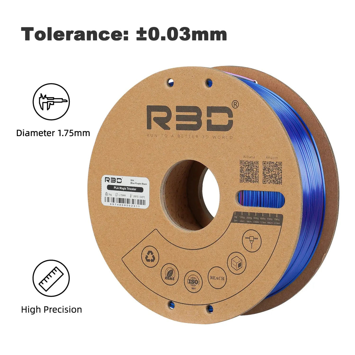 Blue/Purple/Black - R3D Tri Colour Magic Silk PLA Filament - 1.75mm, 1kg R3D