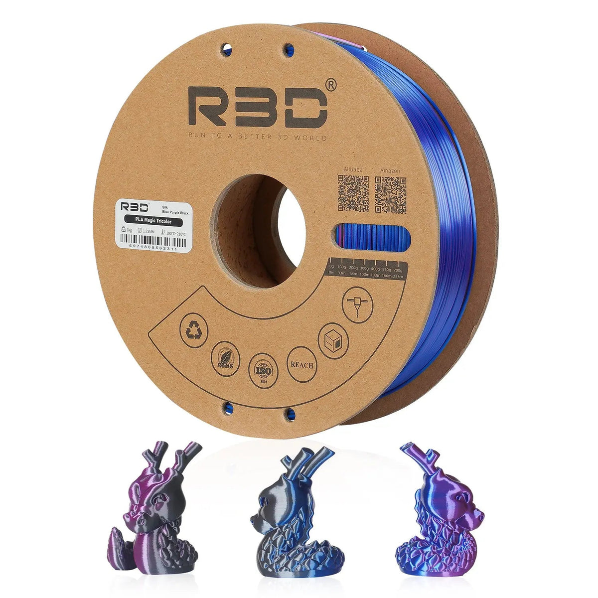 Blue/Purple/Black - R3D Tri Colour Magic Silk PLA Filament - 1.75mm, 1kg R3D