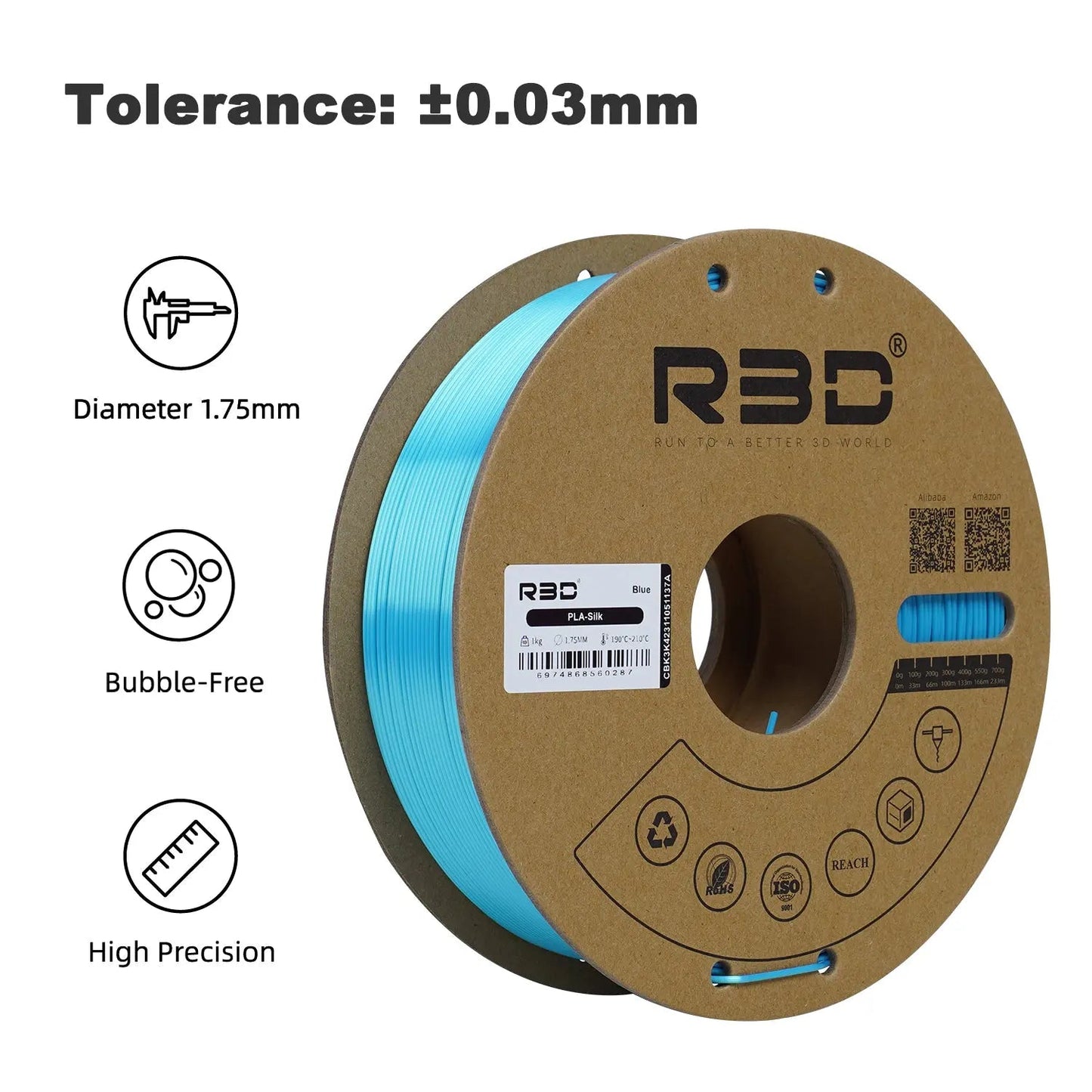 Blue - R3D Silk PLA Filament - 1.75mm, 1kg R3D