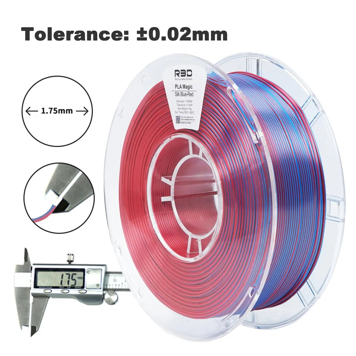 Blue/Red - R3D Dual Colour Silk PLA Magic Filament - 1.75mm, 1kg R3D