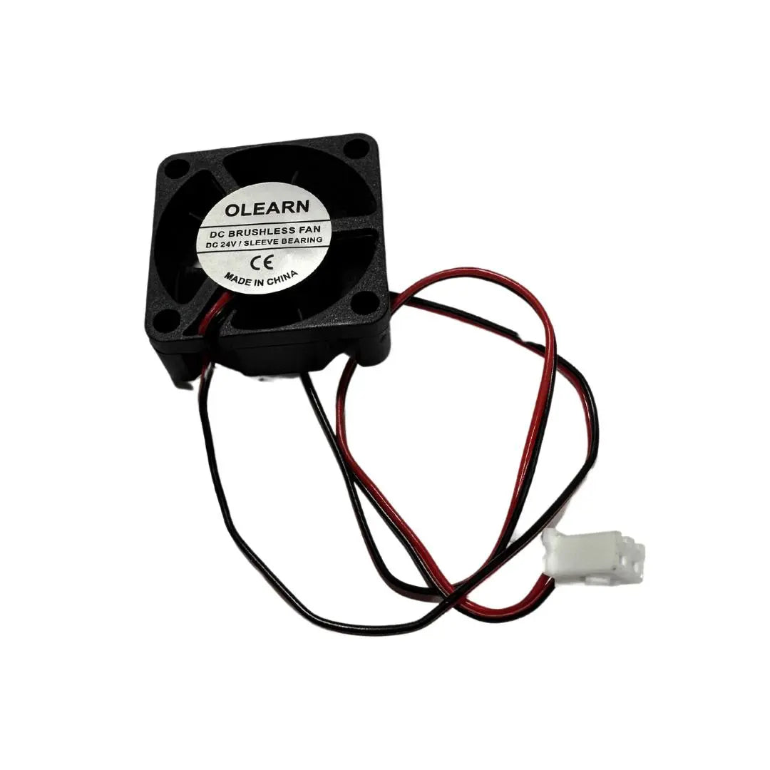 Ventilateur carré noir avec étiquette OLEARN, deux fils rouge et noir et connecteur blanc