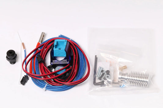 Kit hotend E3D avec câbles rouge et bleu enroulés, ventilateur, buses et sachet de vis à droite