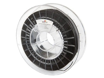 Bobine de filament noir dans une boîte plastique transparente, vue de face sur fond blanc