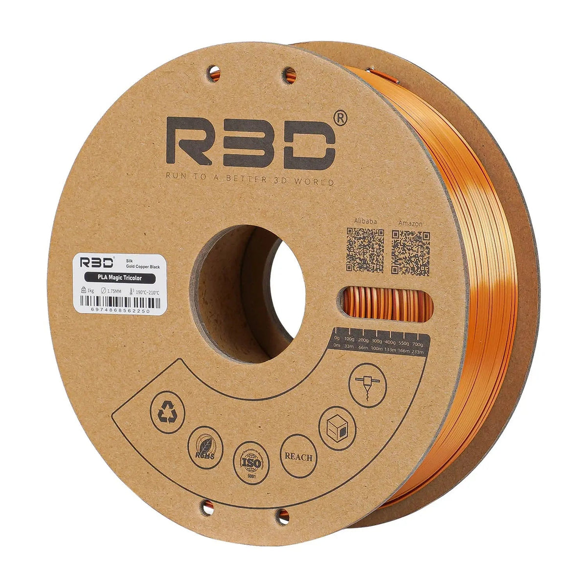 Gold/Copper/Black - R3D Tri Colour Magic Silk PLA Filament - 1.75mm, 1kg R3D