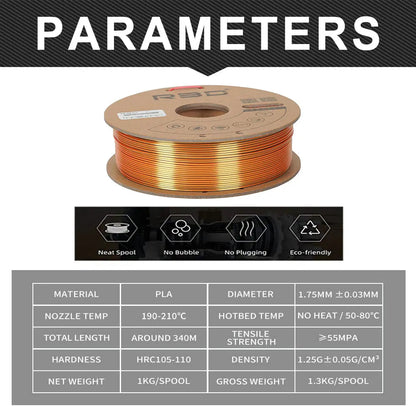Gold/Copper/Black - R3D Tri Colour Magic Silk PLA Filament - 1.75mm, 1kg R3D