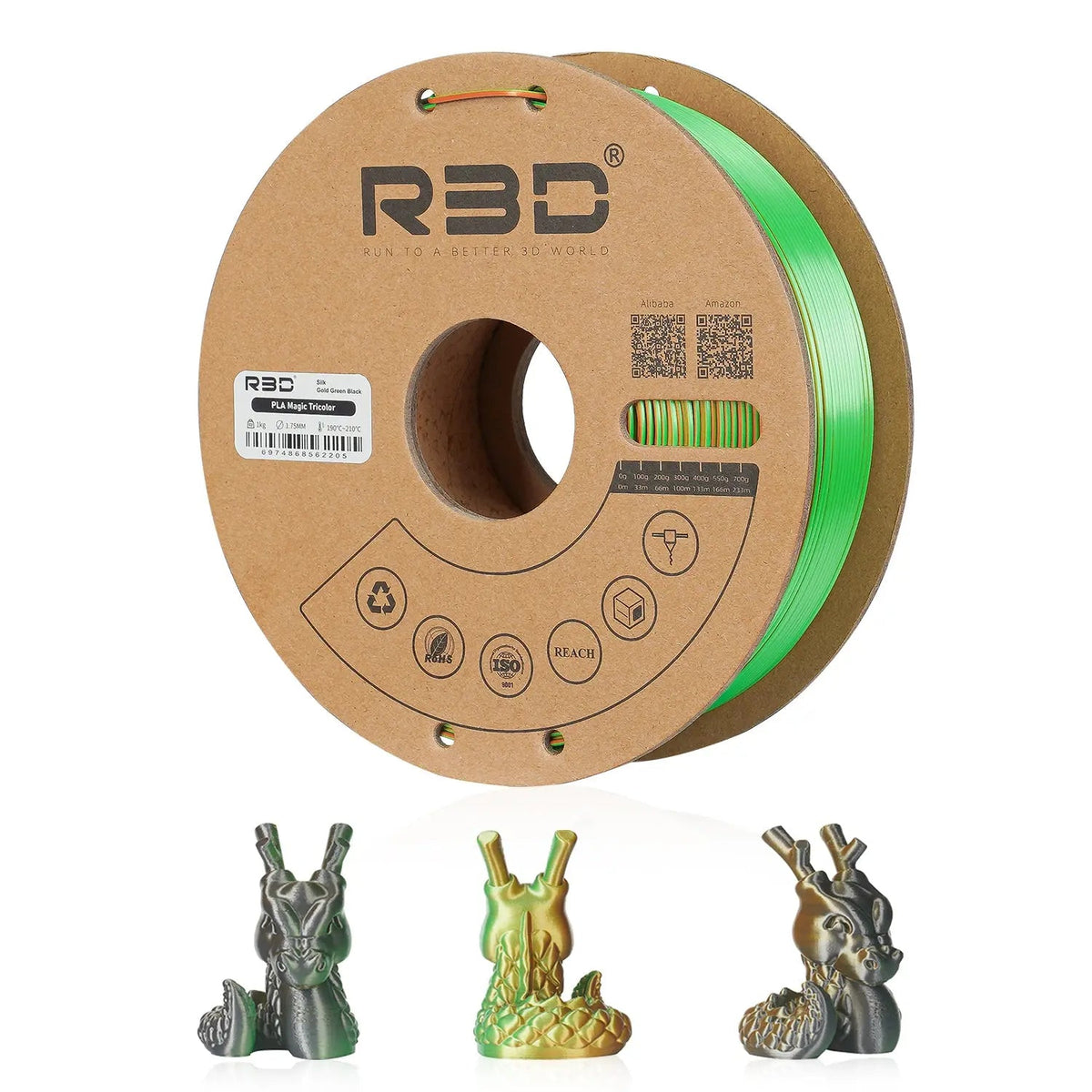 Gold/Green/Black - R3D Tri Colour Magic Silk PLA Filament - 1.75mm, 1kg R3D