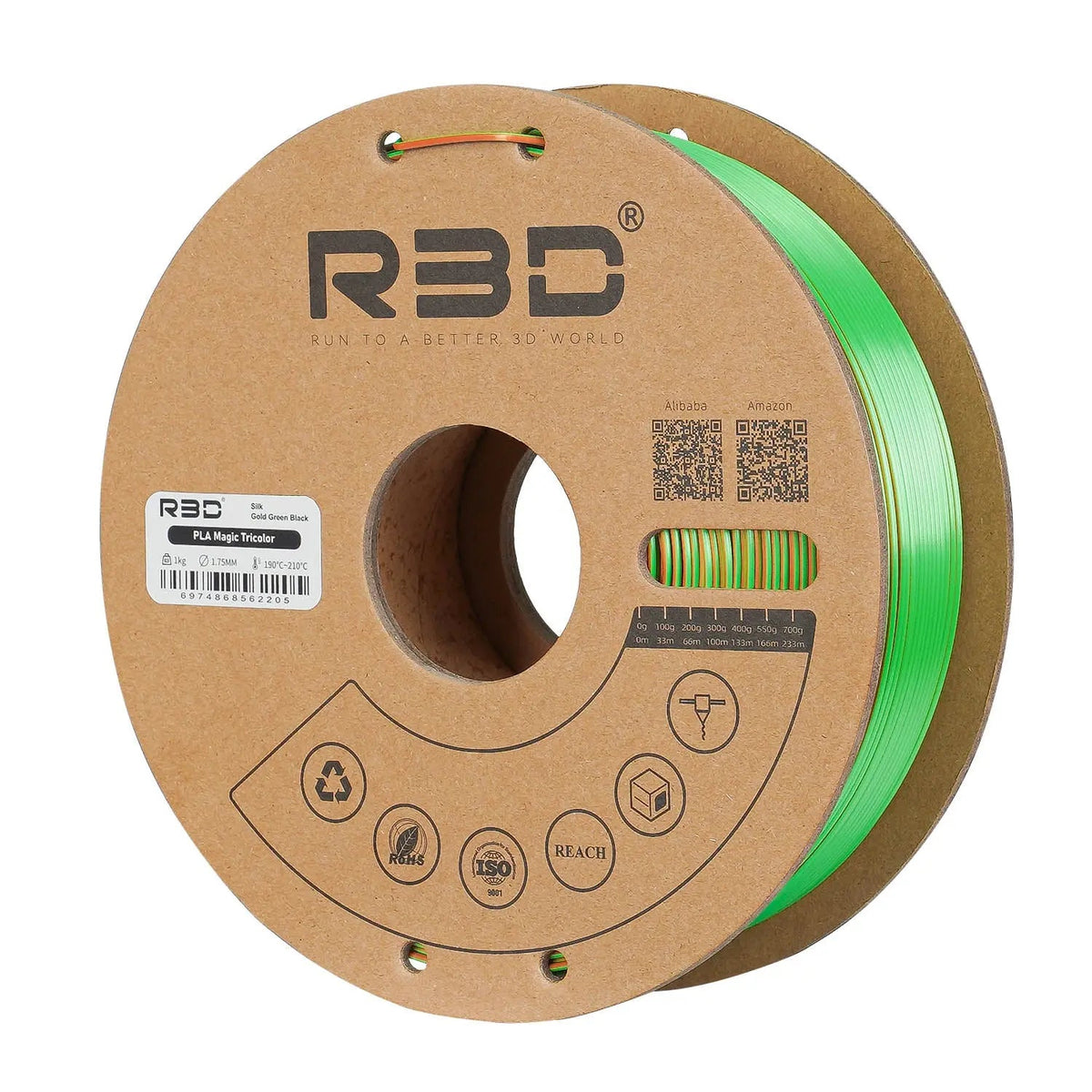Gold/Green/Black - R3D Tri Colour Magic Silk PLA Filament - 1.75mm, 1kg R3D