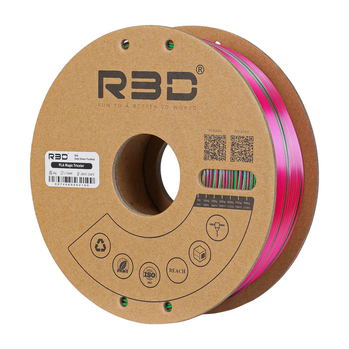 Gold/Green/Fuchsia - R3D Tri Colour Magic Silk PLA Filament - 1.75mm, 1kg R3D