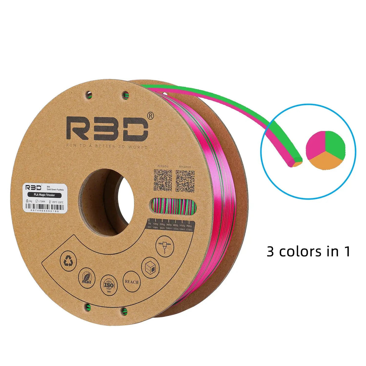 Gold/Green/Fuchsia - R3D Tri Colour Magic Silk PLA Filament - 1.75mm, 1kg R3D