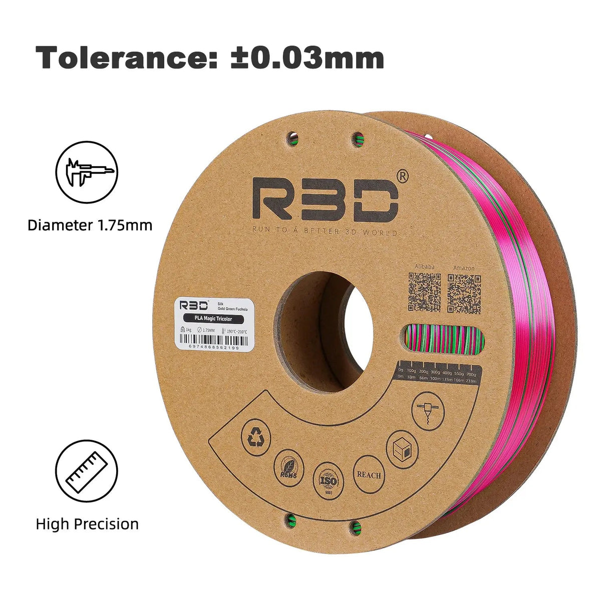Gold/Green/Fuchsia - R3D Tri Colour Magic Silk PLA Filament - 1.75mm, 1kg R3D