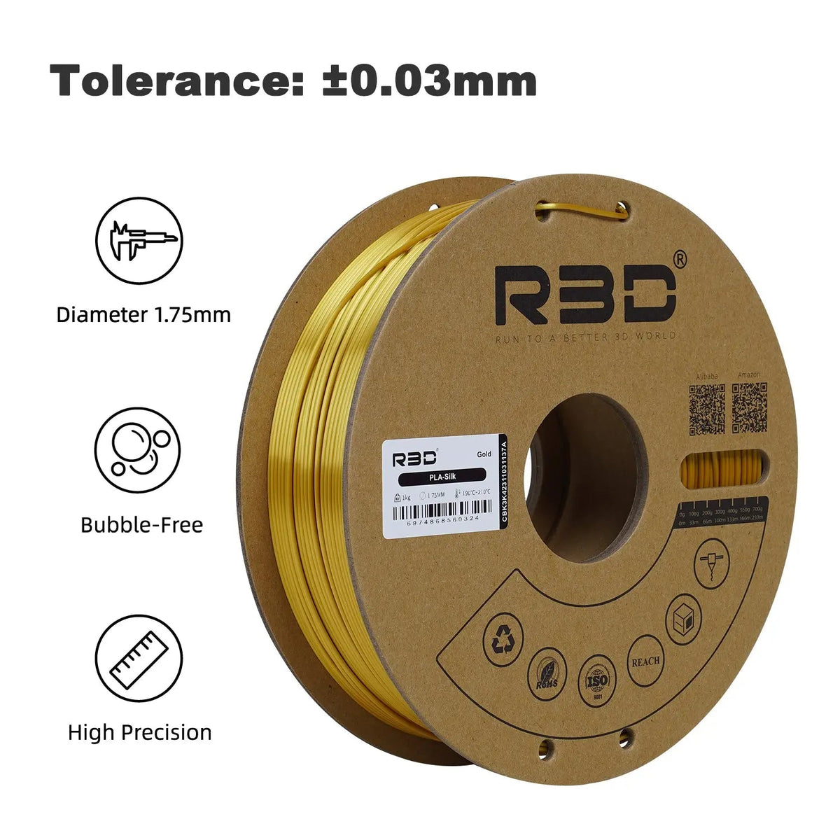 Gold - R3D Silk PLA Filament - 1.75mm, 1kg R3D