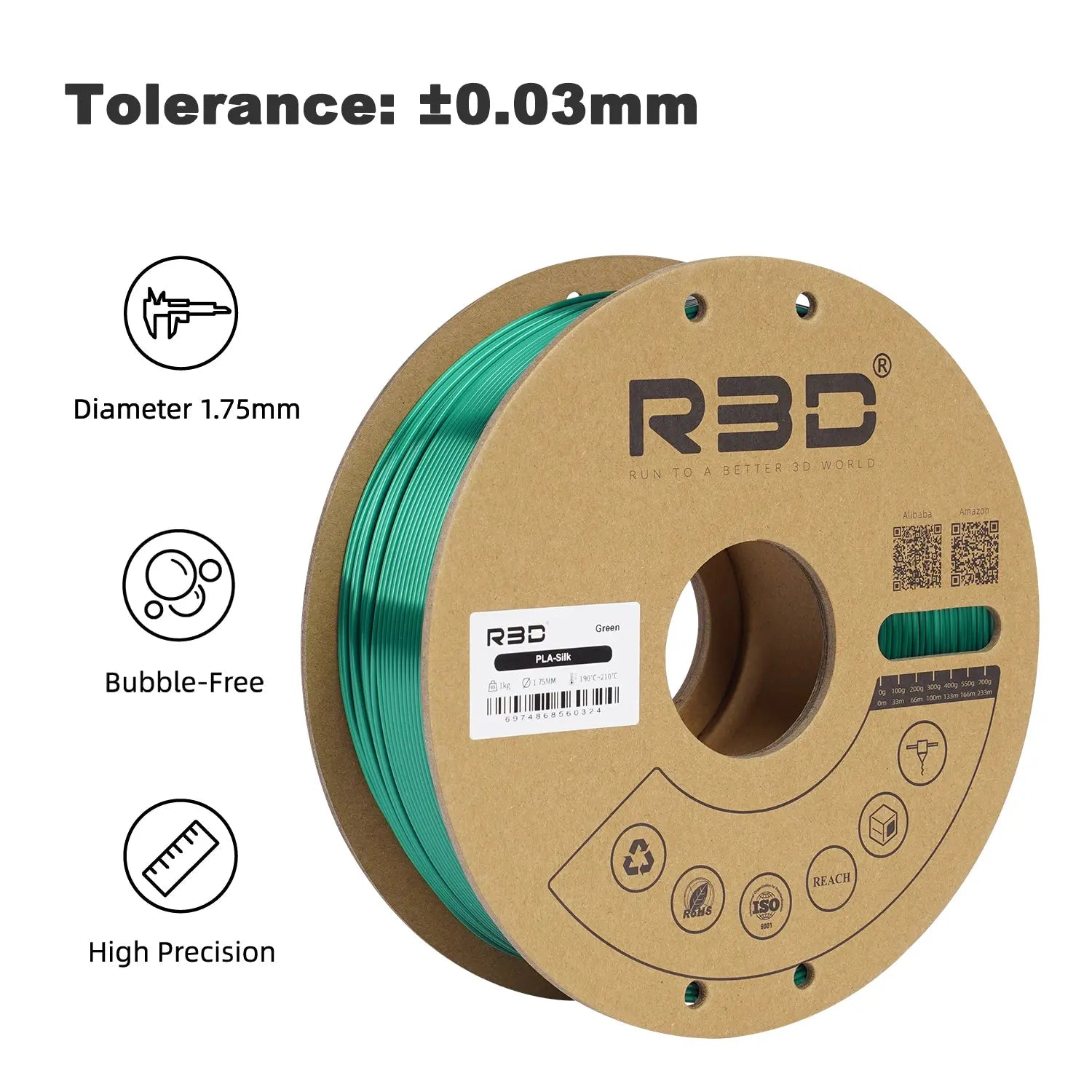 Green - R3D Silk PLA Filament - 1.75mm, 1kg R3D