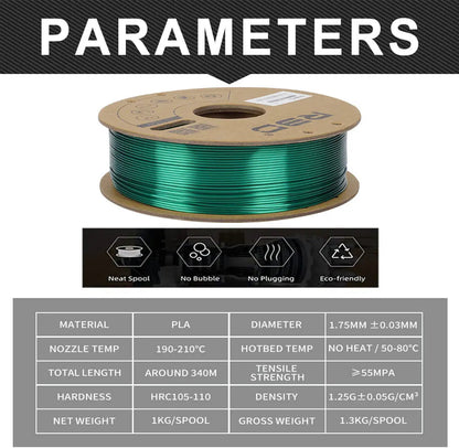 Green - R3D Silk PLA Filament - 1.75mm, 1kg R3D
