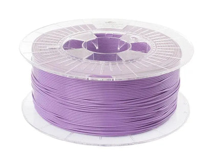Bobine de filament violet lavande enroulée sur une bobine transparente, vue de trois quarts sur fond blanc