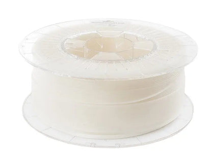 Bobine de filament 3D translucide blanc naturel, vue de trois quarts sur fond blanc